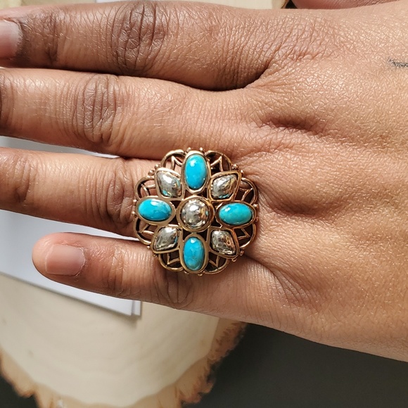 Sterling Silver 925 Rose Gold Turquoise Statement Ring - Picture 1 of 7